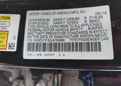 2018 Honda Accord Sport from USA, damaged, VIN 1HGCV1F32JA183484